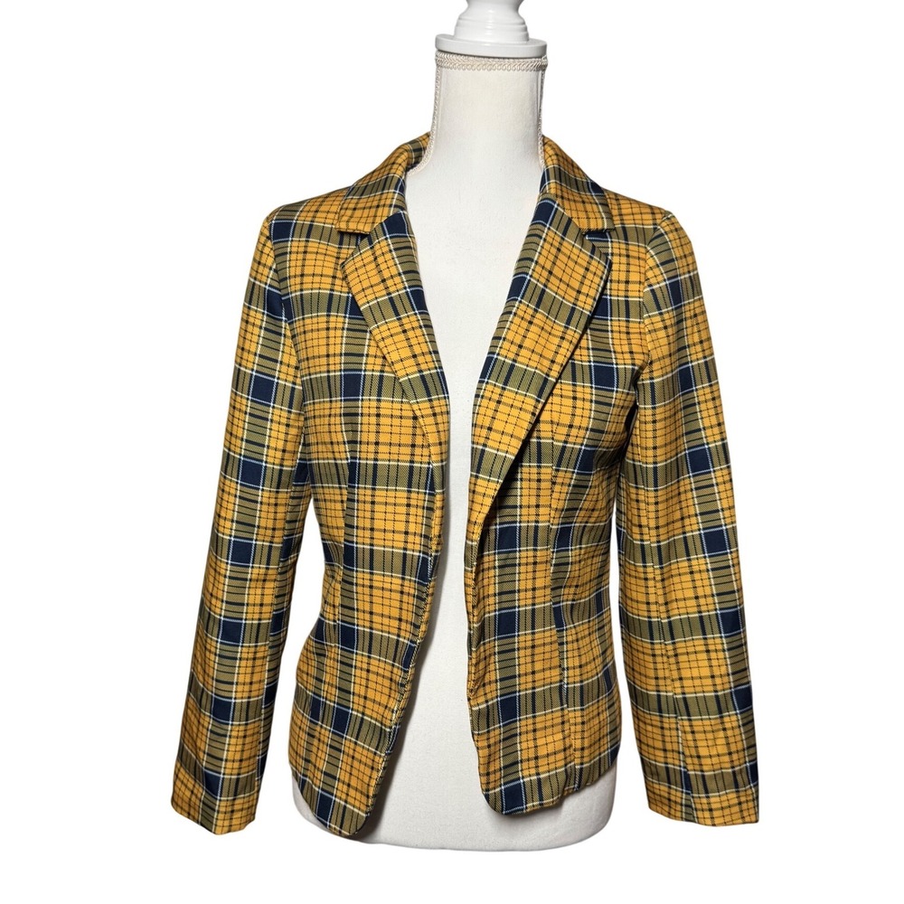 Allegra K Plaid Blazer Size S Yellow Navy Blue Excellent Tailored Open Front